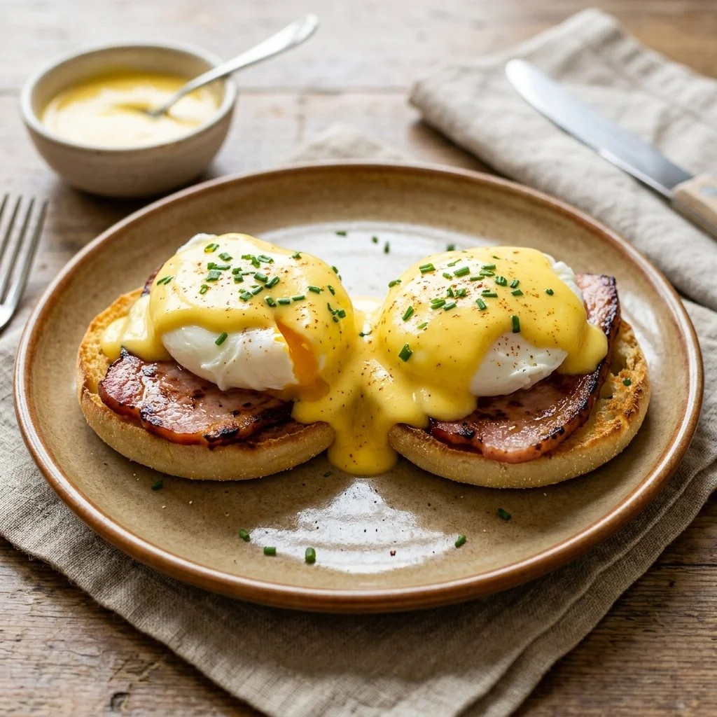 Delicious Eggs Benedict topped with creamy Hollandaise sauce and served on English muffins.
