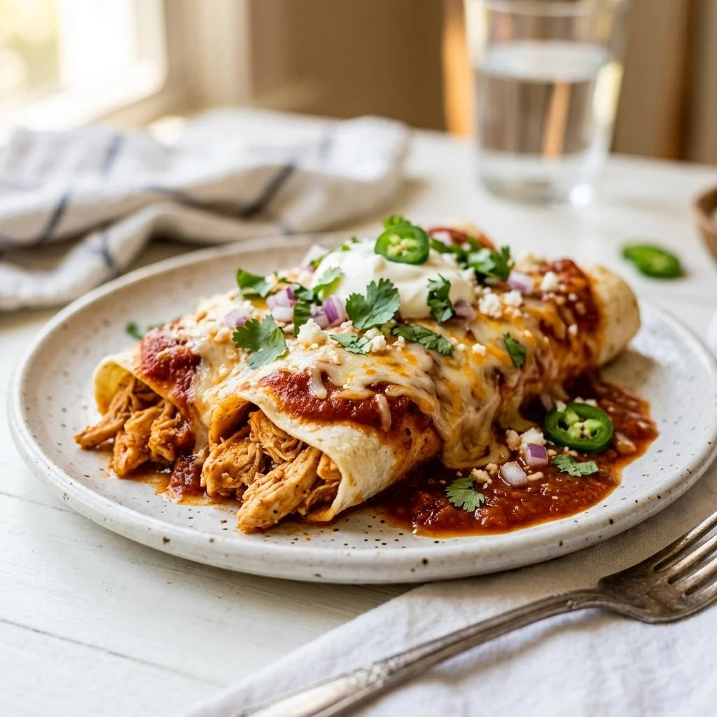 Plate of chicken enchiladas topped with sauce and cheese