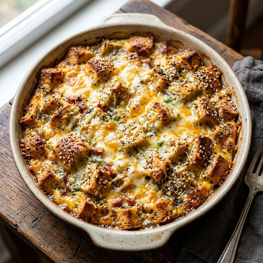 Delicious Everything Bagel Casserole served in a baking dish
