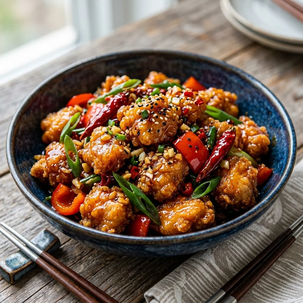 Delicious Firecracker Chicken served with vibrant vegetables and rice