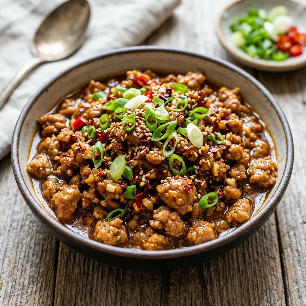 Dish of Firecracker Ground Turkey served with vegetables and spices.