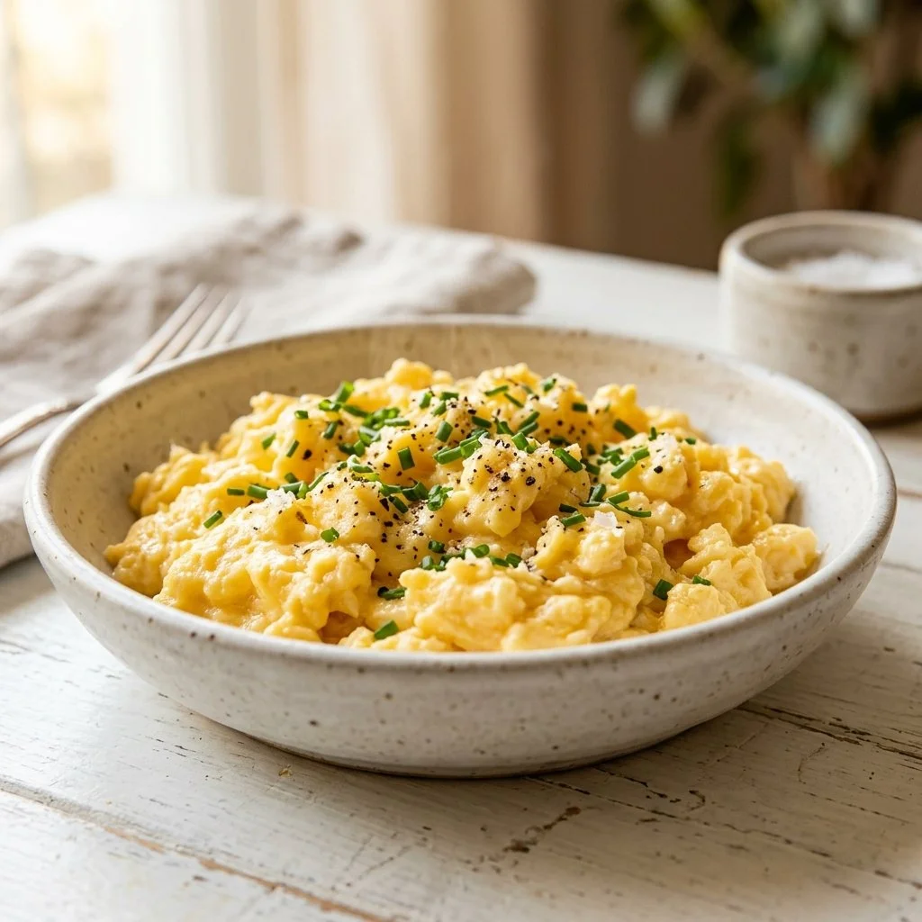 Fluffy scrambled eggs served on a plate, perfect for breakfast.