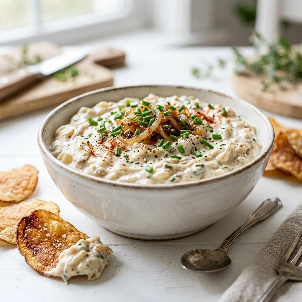 Delicious homemade French Onion Dip served with fresh vegetable sticks