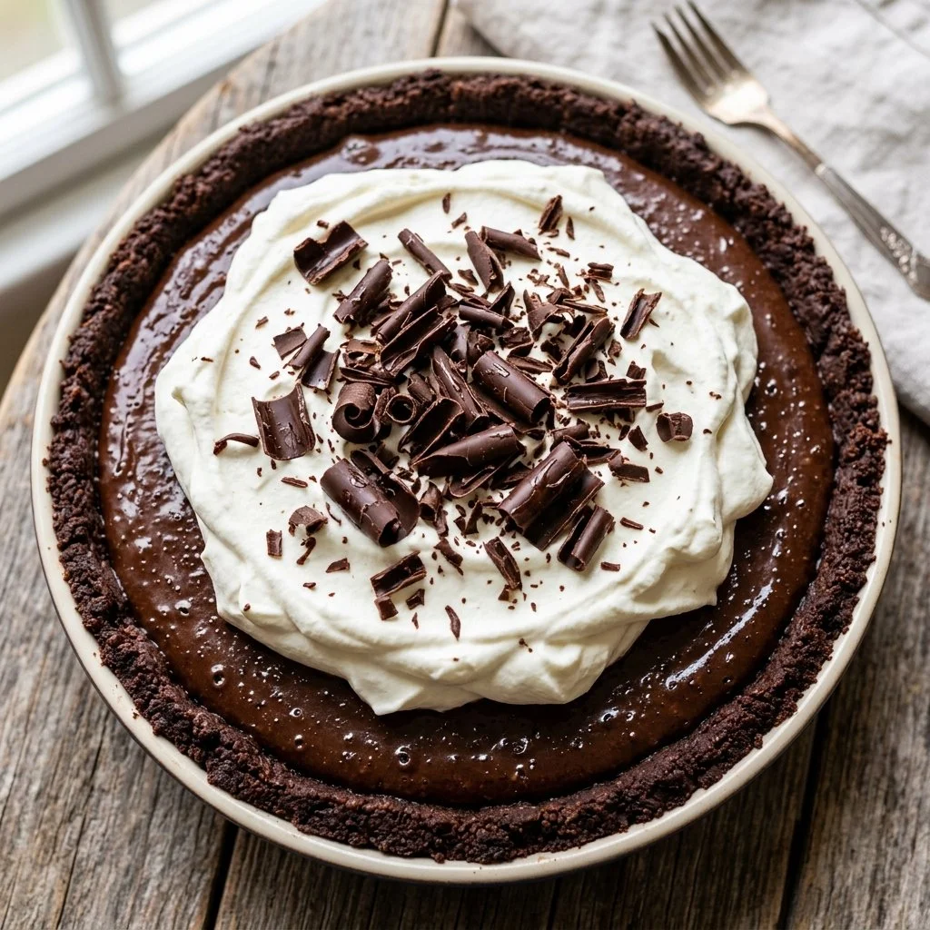 Decadent French Silk Pie with whipped cream topping and chocolate curls