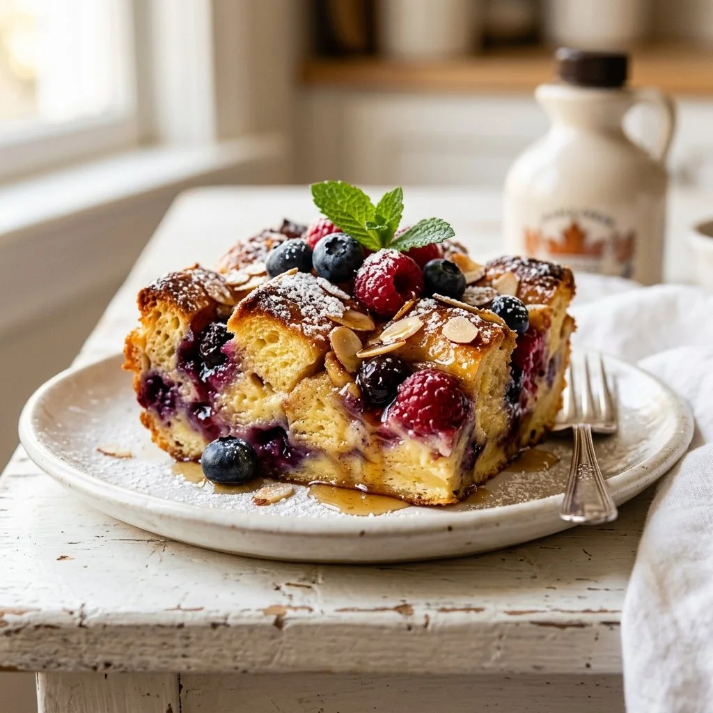 Delicious French Toast Bake served with syrup and fresh fruit