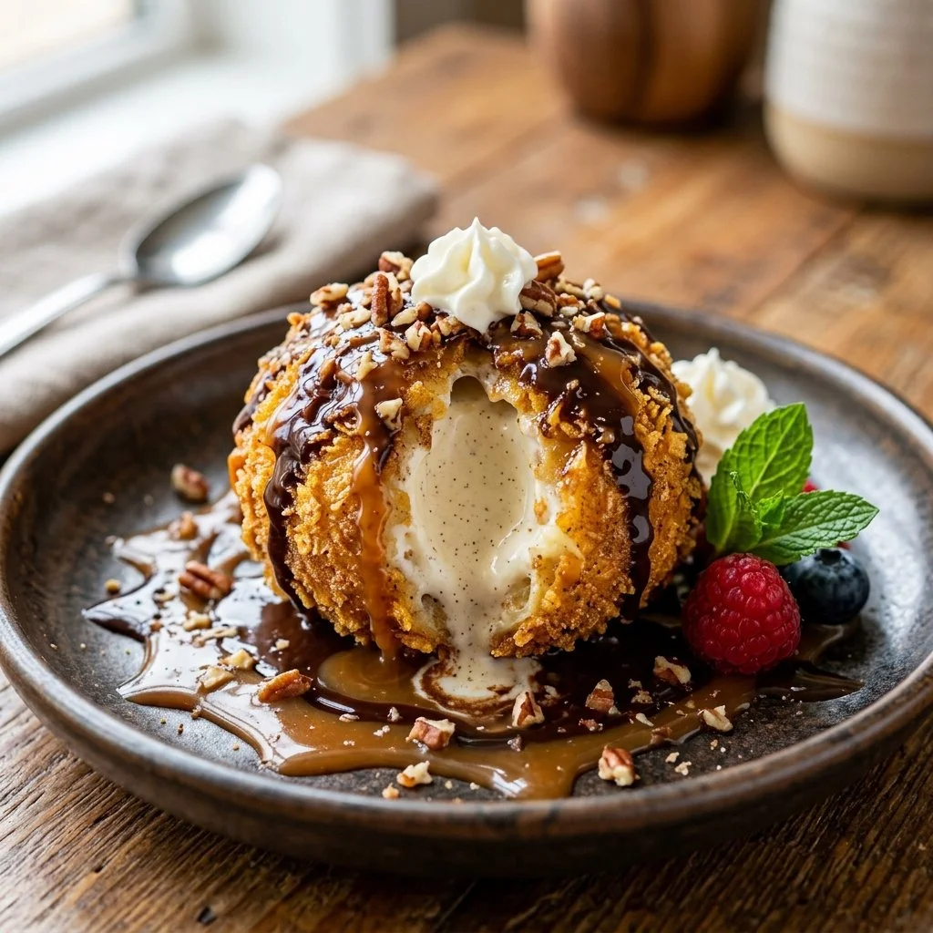 Delicious fried ice cream dessert served with toppings