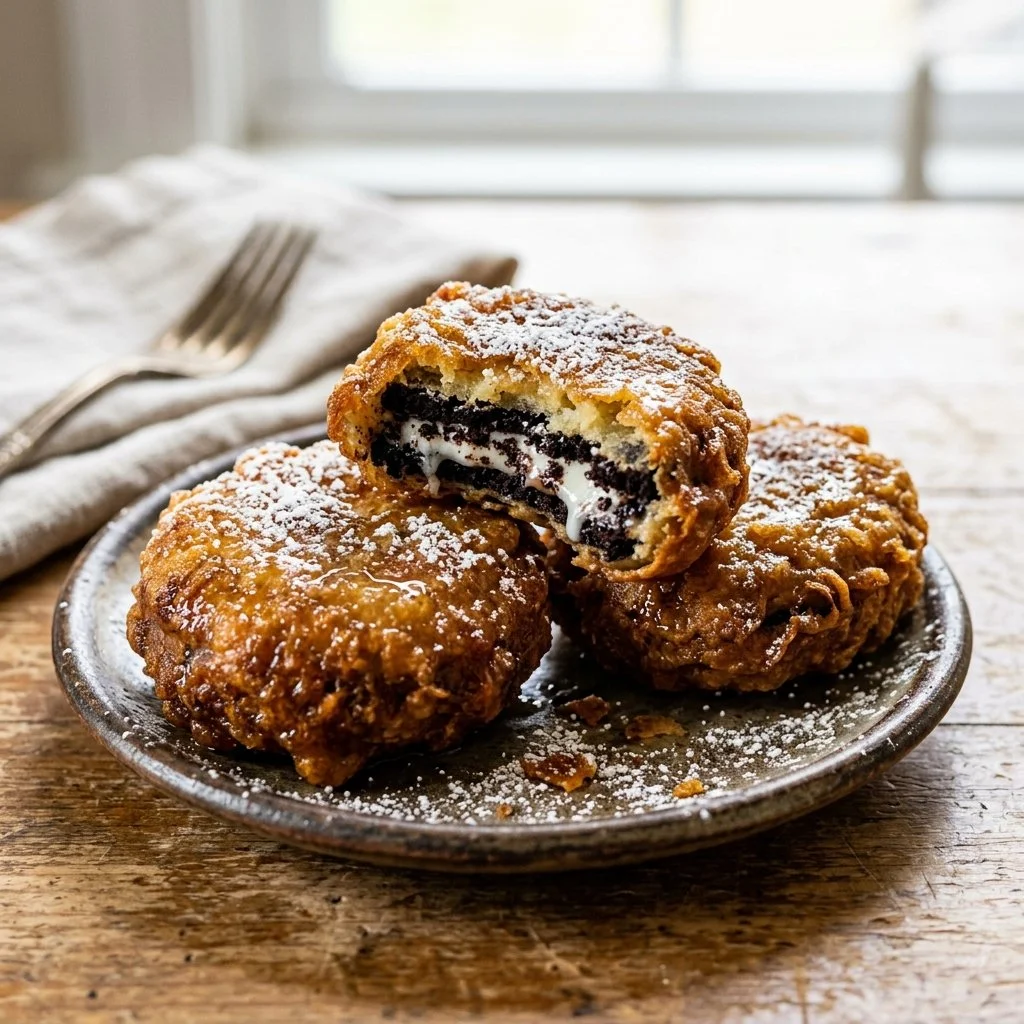 Plate of crispy Fried Oreos dusted with powdered sugar