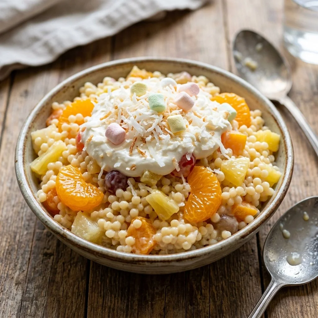 Delicious Frog Eye Salad served in a bowl with fruit and creamy topping