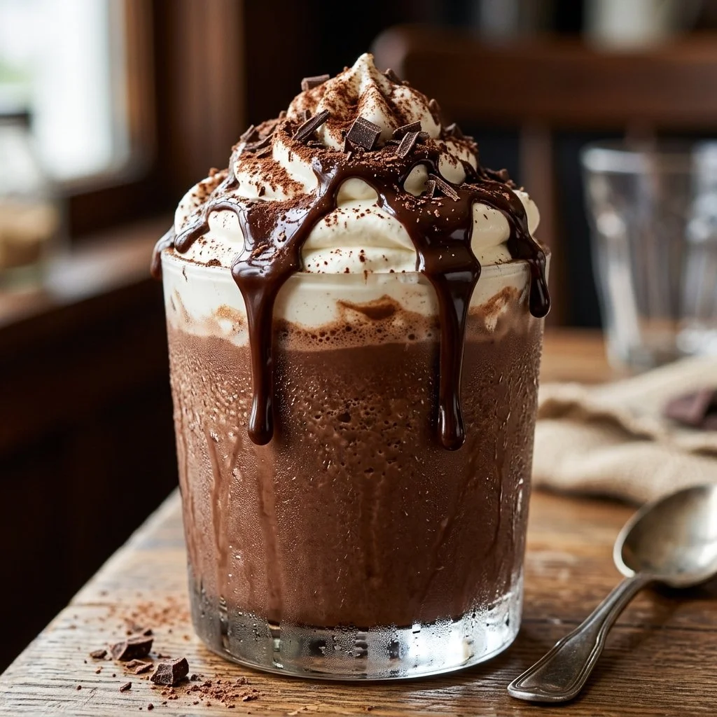 Delicious frozen hot chocolate topped with whipped cream and chocolate shavings