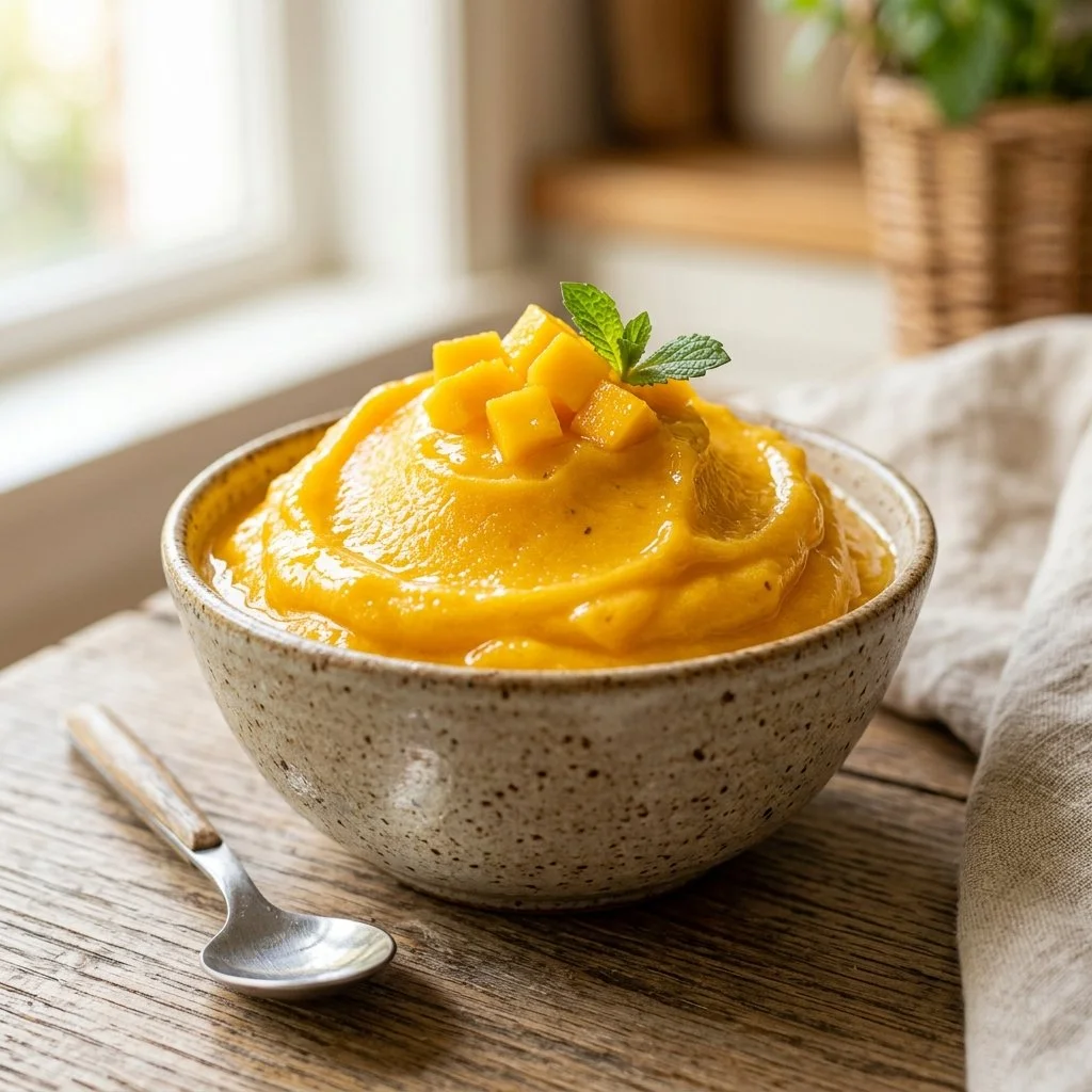 Delicious frozen mango mousse dessert in a bowl garnished with fresh mango slices