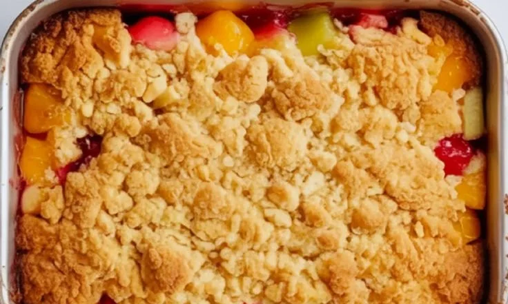 Delicious fruit cocktail dump cake served with whipped cream on a plate.