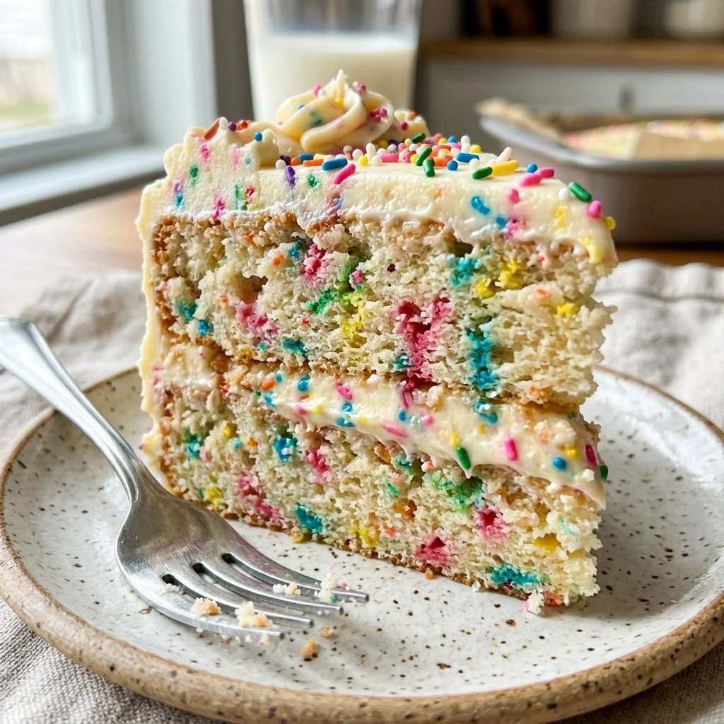 Delicious slice of Funfetti Cake covered in colorful sprinkles.