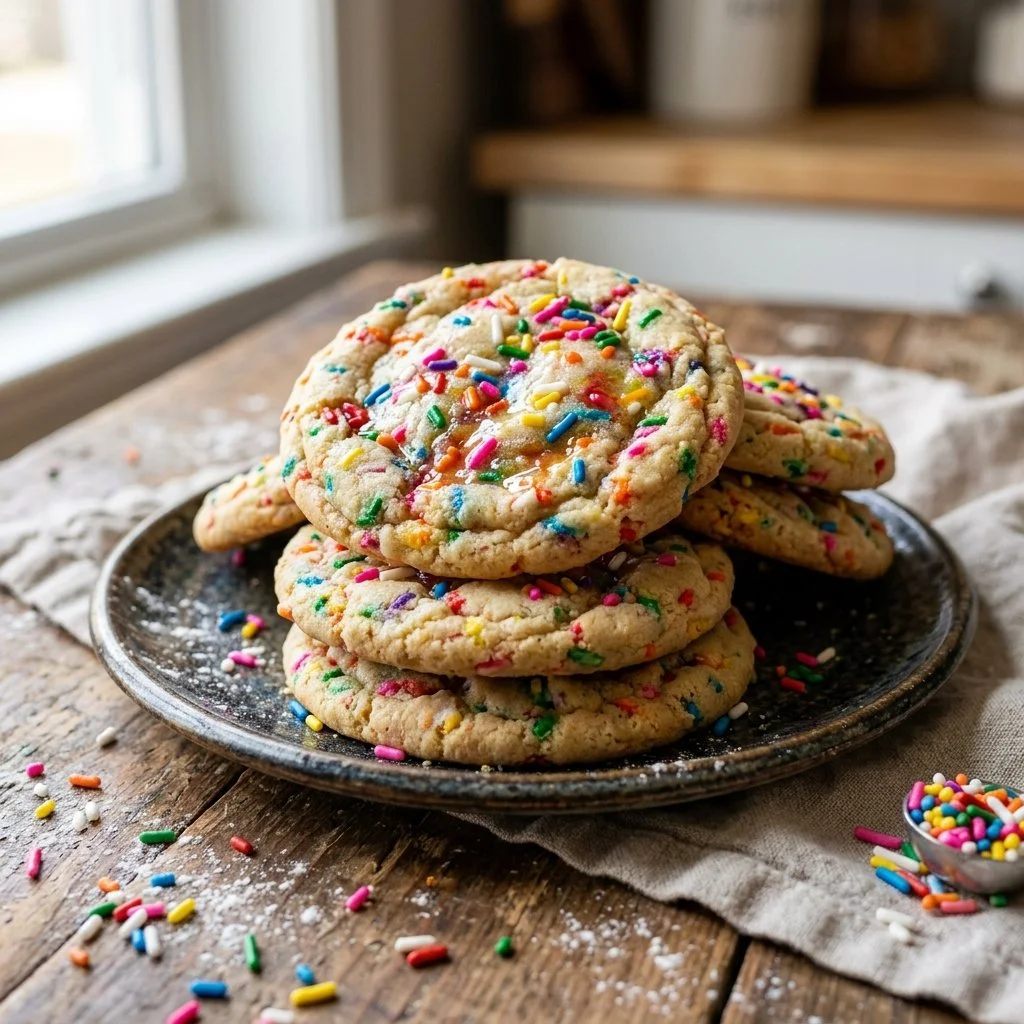 Batch of Funfetti Sugar Cookies topped with colorful sprinkles