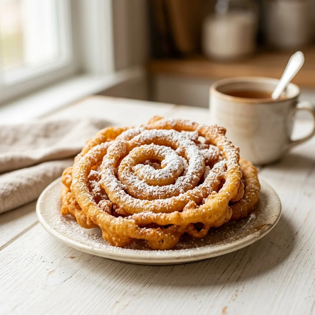 Delicious funnel cake sprinkled with powdered sugar and topped with fruits