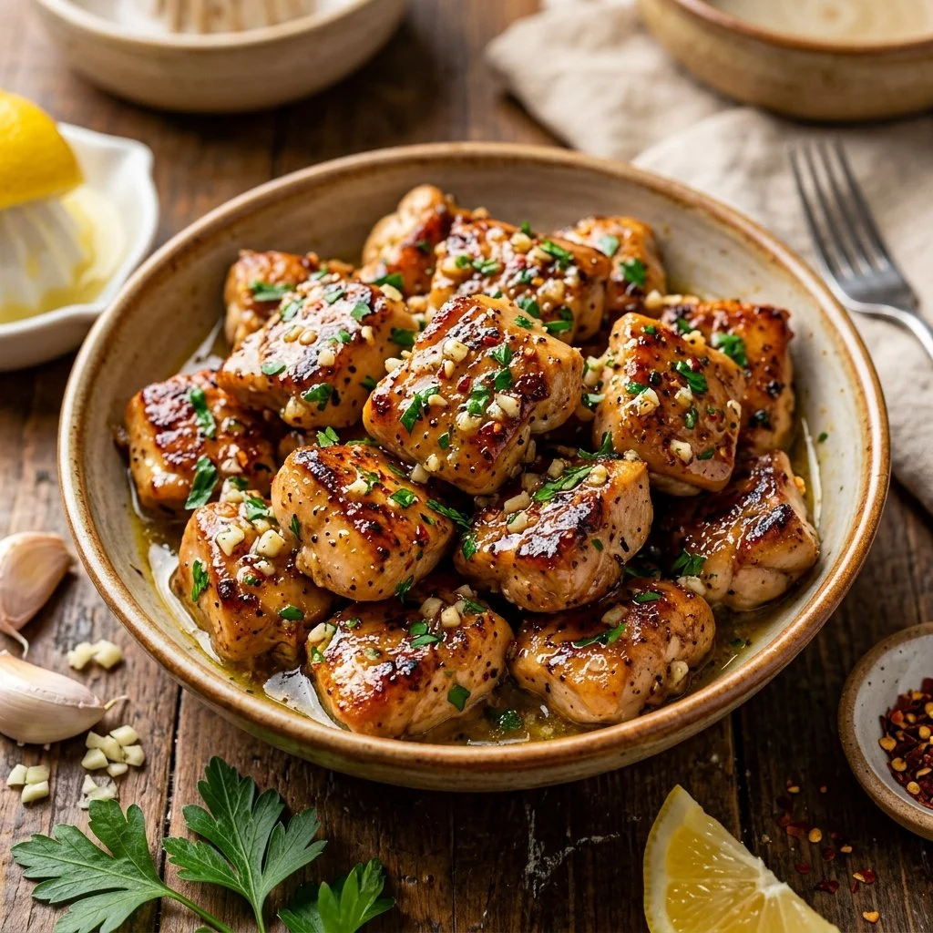 Garlic butter chicken bites served on a plate with herbs garnish