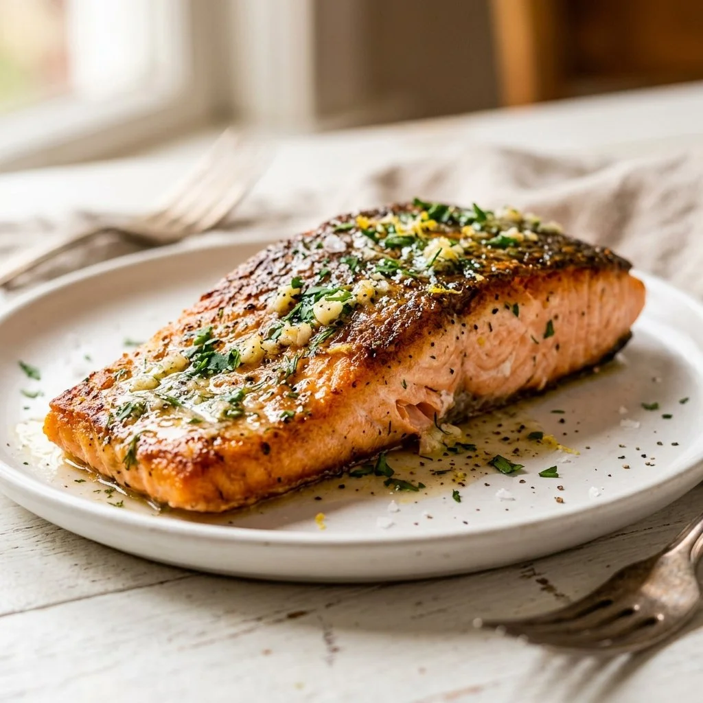 Delicious garlic butter salmon garnished with herbs on a plate