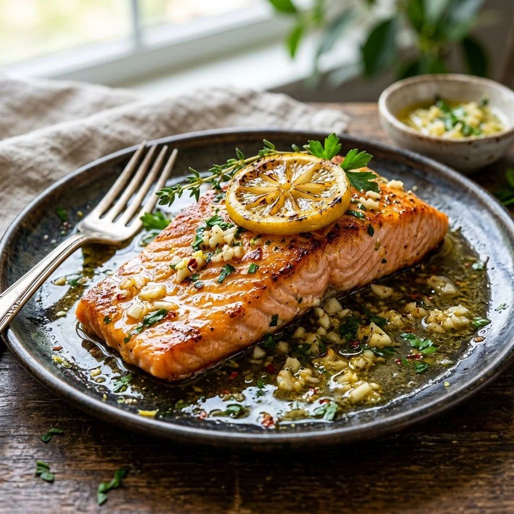 Garlic Butter Salmon fillets served with herbs and lemon on a plate