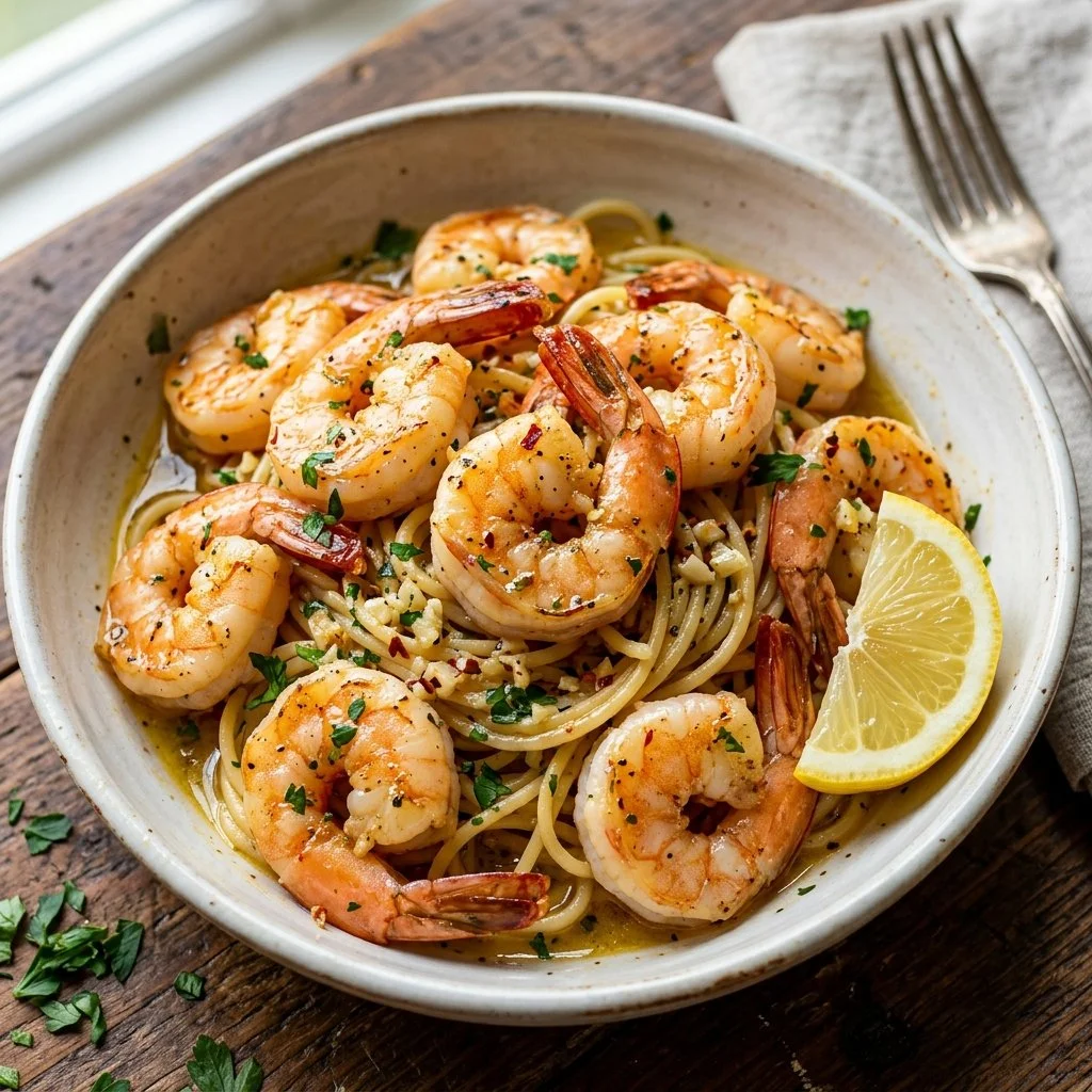 Cooked garlic butter shrimp scampi served on a plate with pasta and parsley.