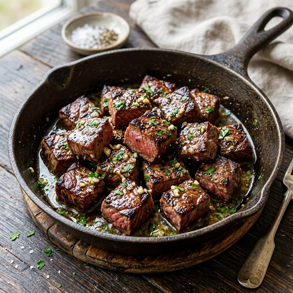 Succulent garlic butter steak bites served in a skillet
