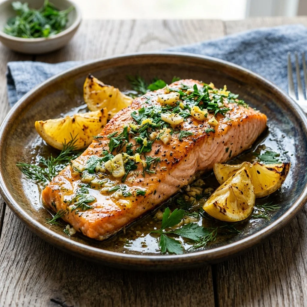 Plate of Garlic Herb Salmon garnished with fresh herbs and lemon slices