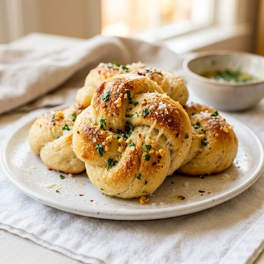 Delicious garlic knots garnished with parsley and served warm.