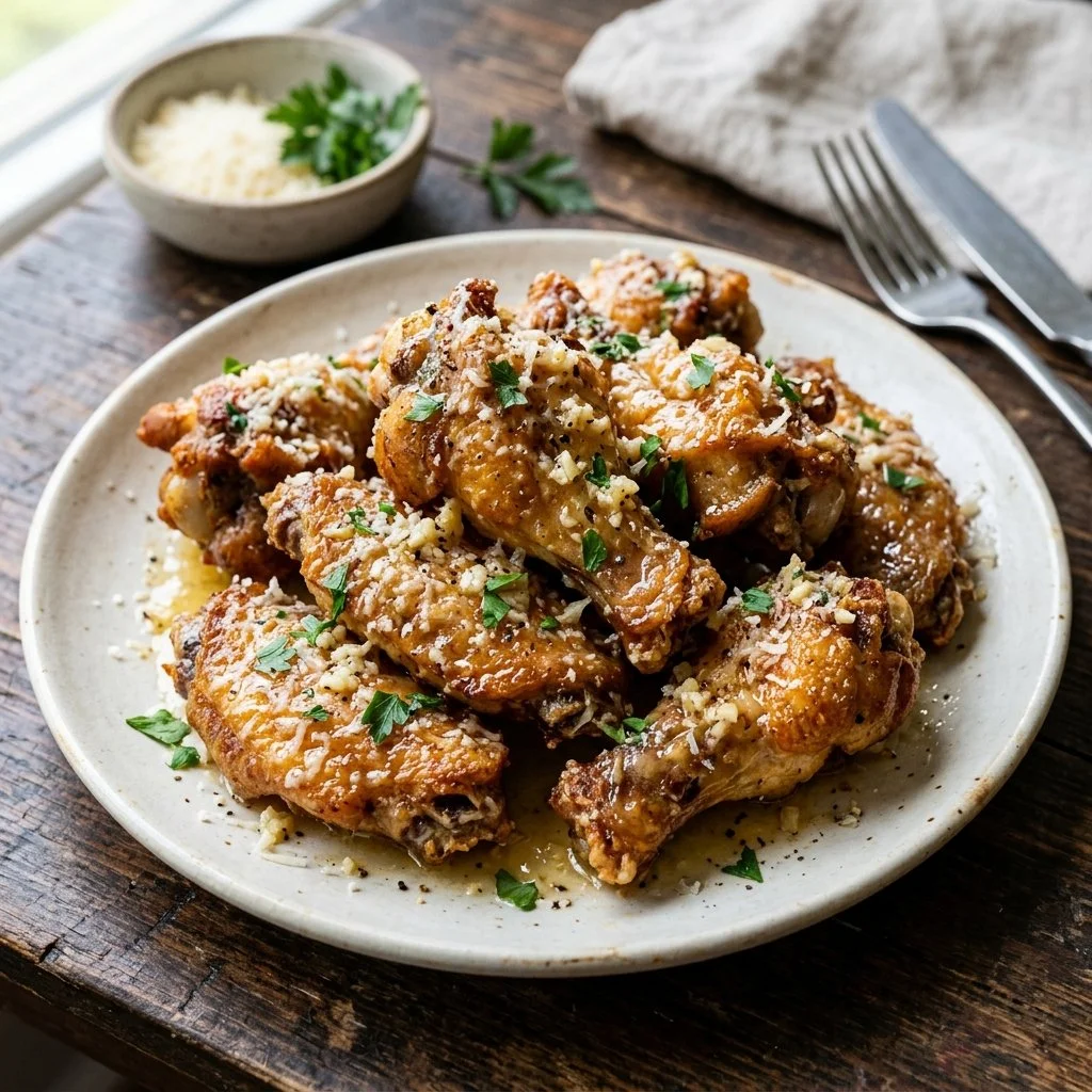 Delicious Garlic Parmesan Chicken Wings garnished with herbs