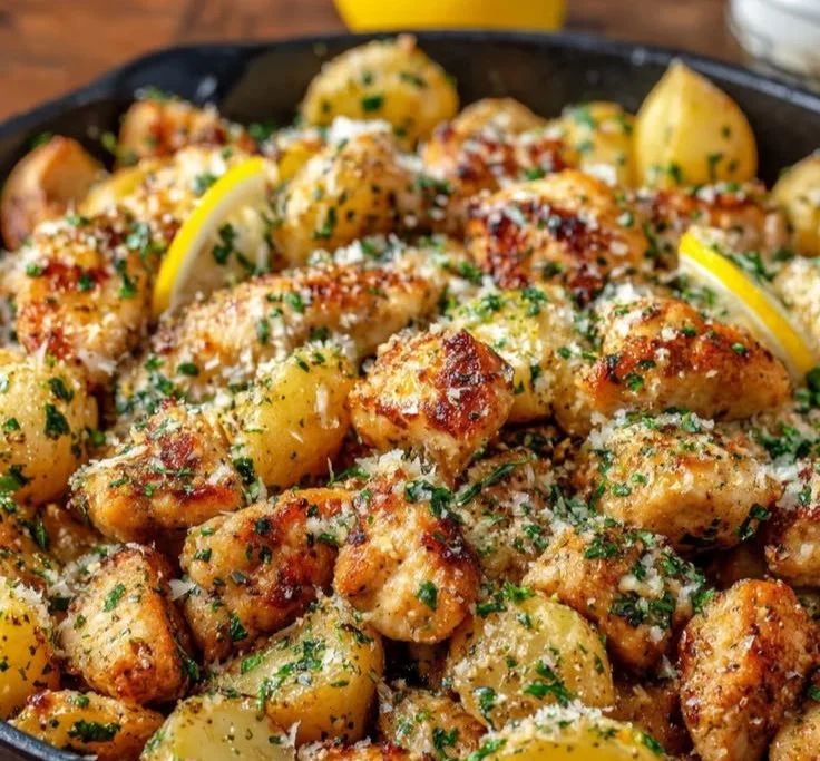Garlic Parmesan Chicken with Potatoes served on a plate