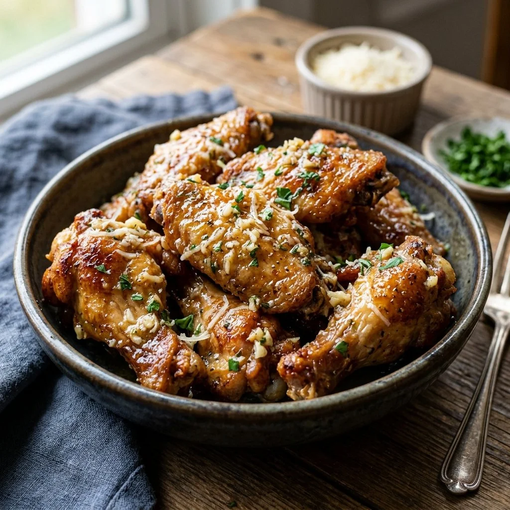 Crispy Garlic Parmesan Wings garnished with parsley on a plate