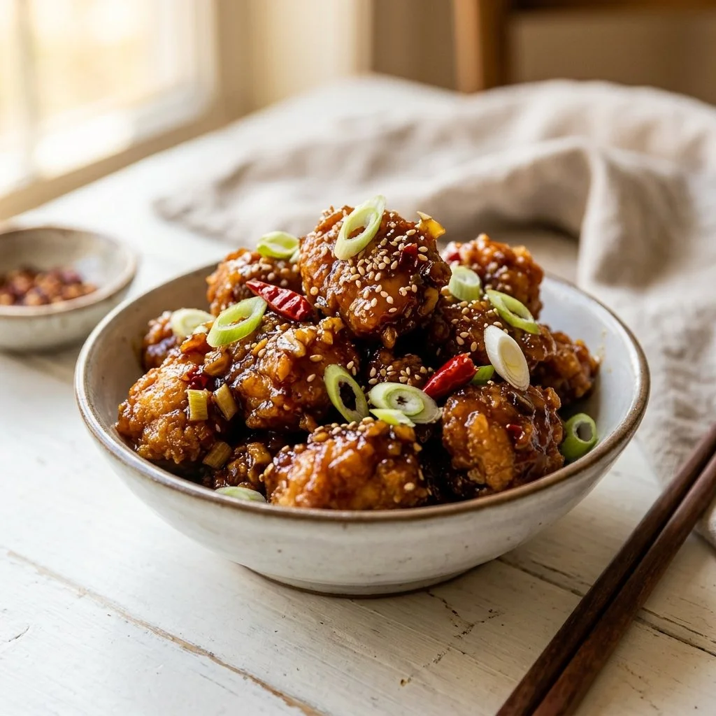 Plate of General Tso Chicken garnished with green scallions and sesame seeds