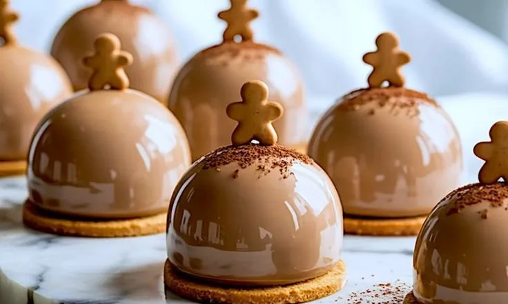 Gingerbread Latte Mousse Dome Dessert topped with festive decorations