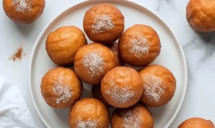 Gluten-free donut holes on a plate sprinkled with powdered sugar