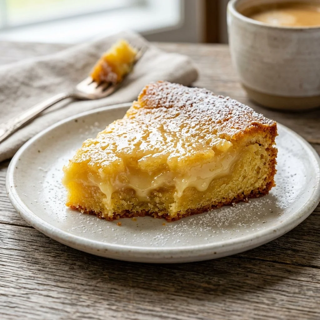 Deliciously rich Gooey Butter Cake topped with a dusting of powdered sugar.