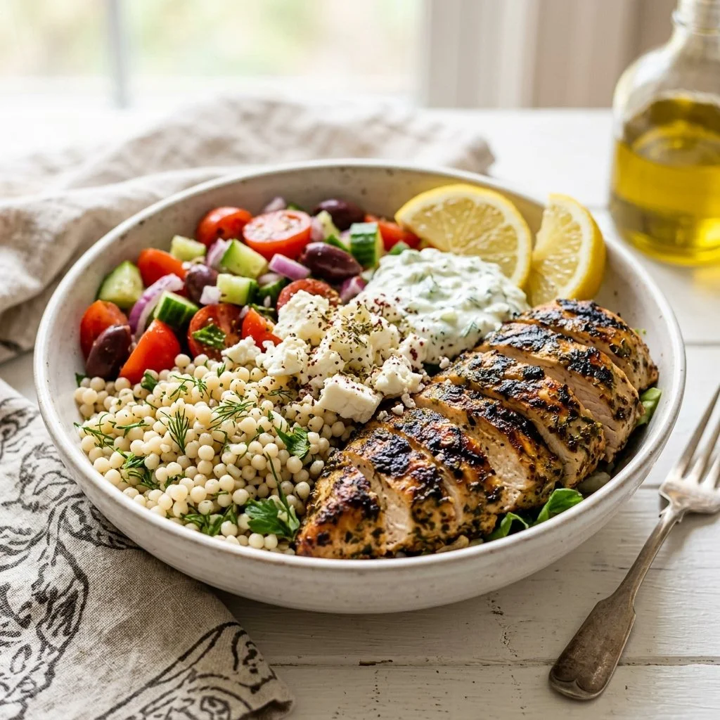 Delicious Greek Chicken Bowl with fresh vegetables and flavorful ingredients