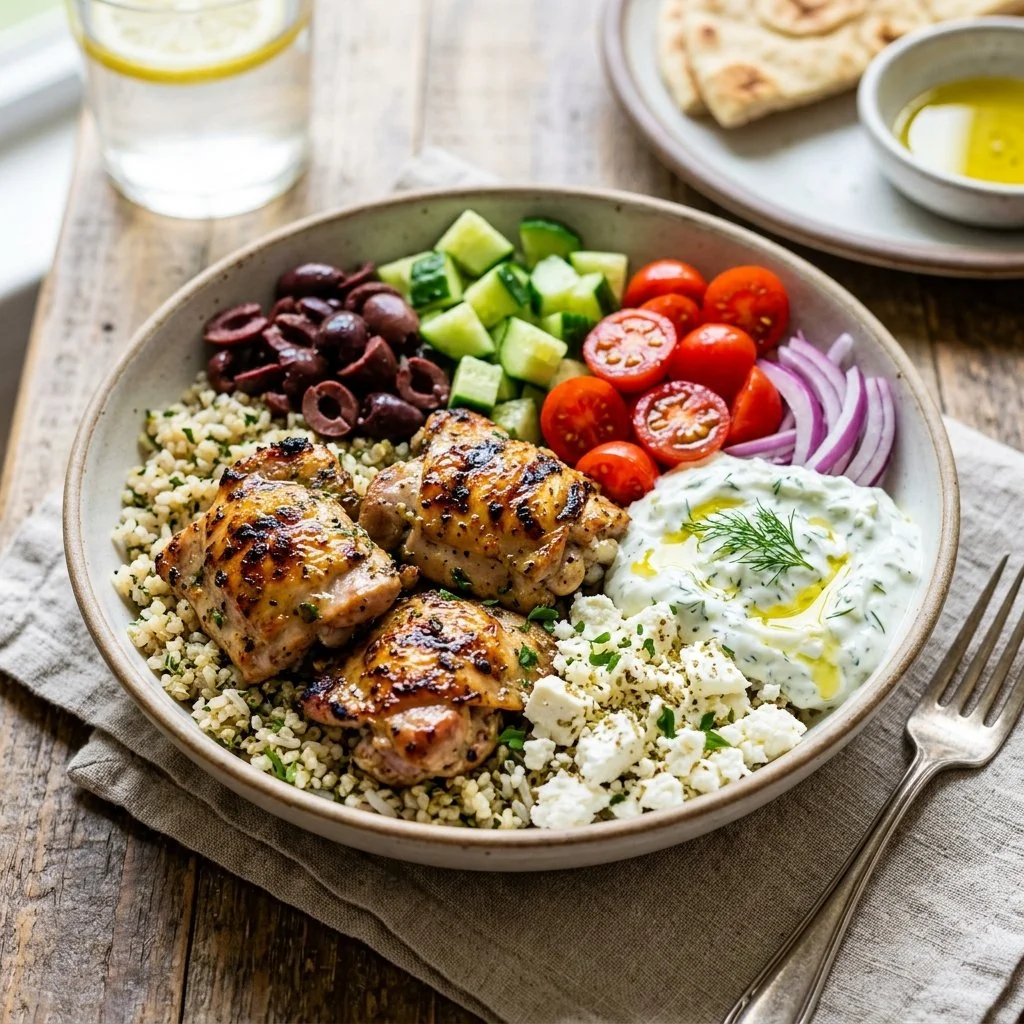 Healthy Greek Chicken Bowl with fresh vegetables and feta cheese