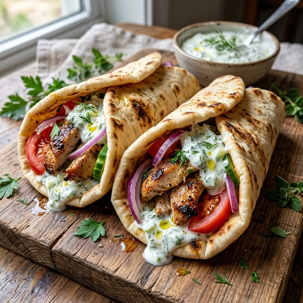 Delicious Greek chicken gyro wraps with fresh vegetables and tzatziki sauce