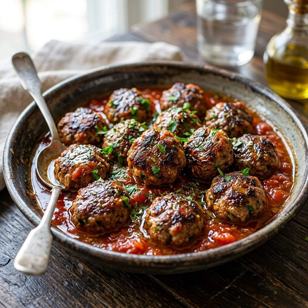 Delicious Greek meatballs garnished with herbs on a serving platter.