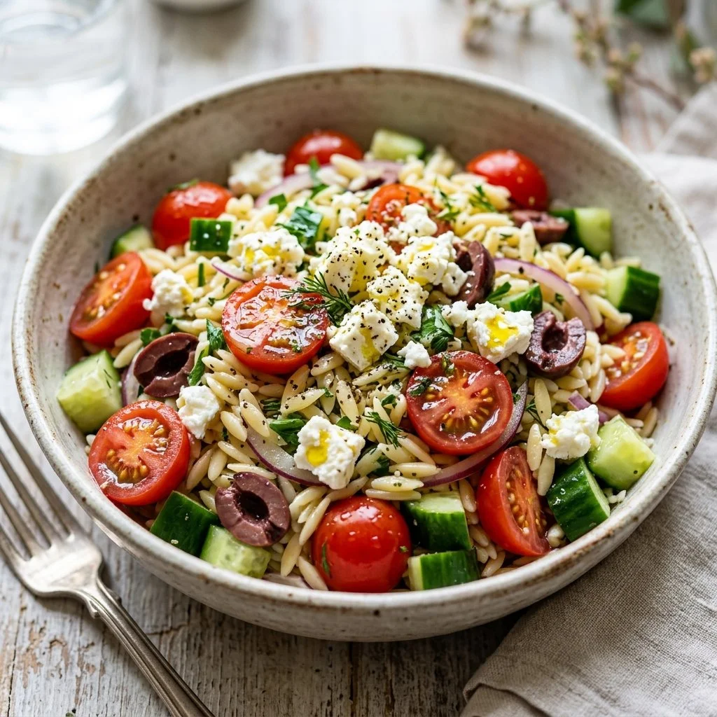 Delicious Greek Orzo Salad with colorful vegetables and feta cheese