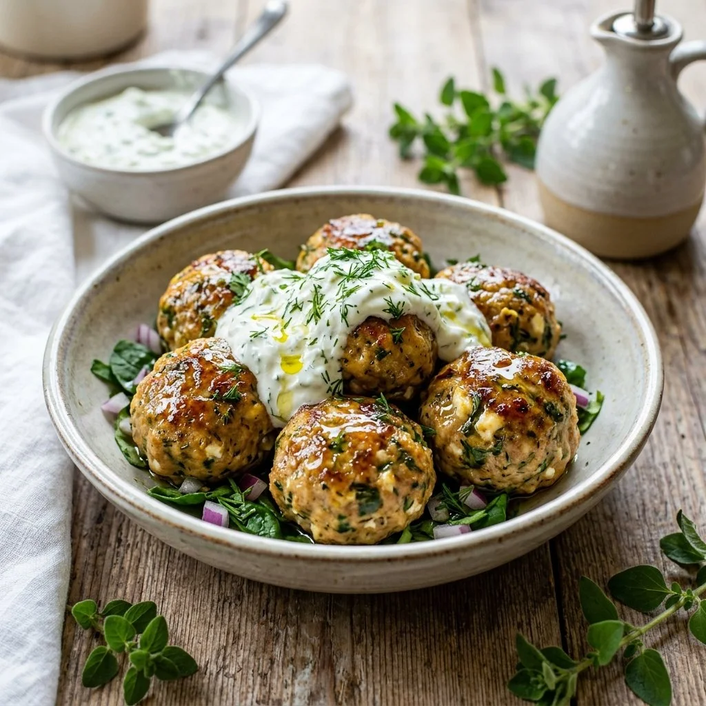 Plate of Greek Turkey Meatballs with herbs and spices