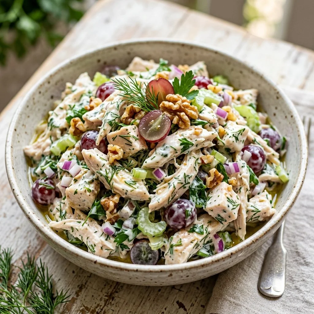 Bowl of Greek Yogurt Chicken Salad with fresh vegetables and herbs