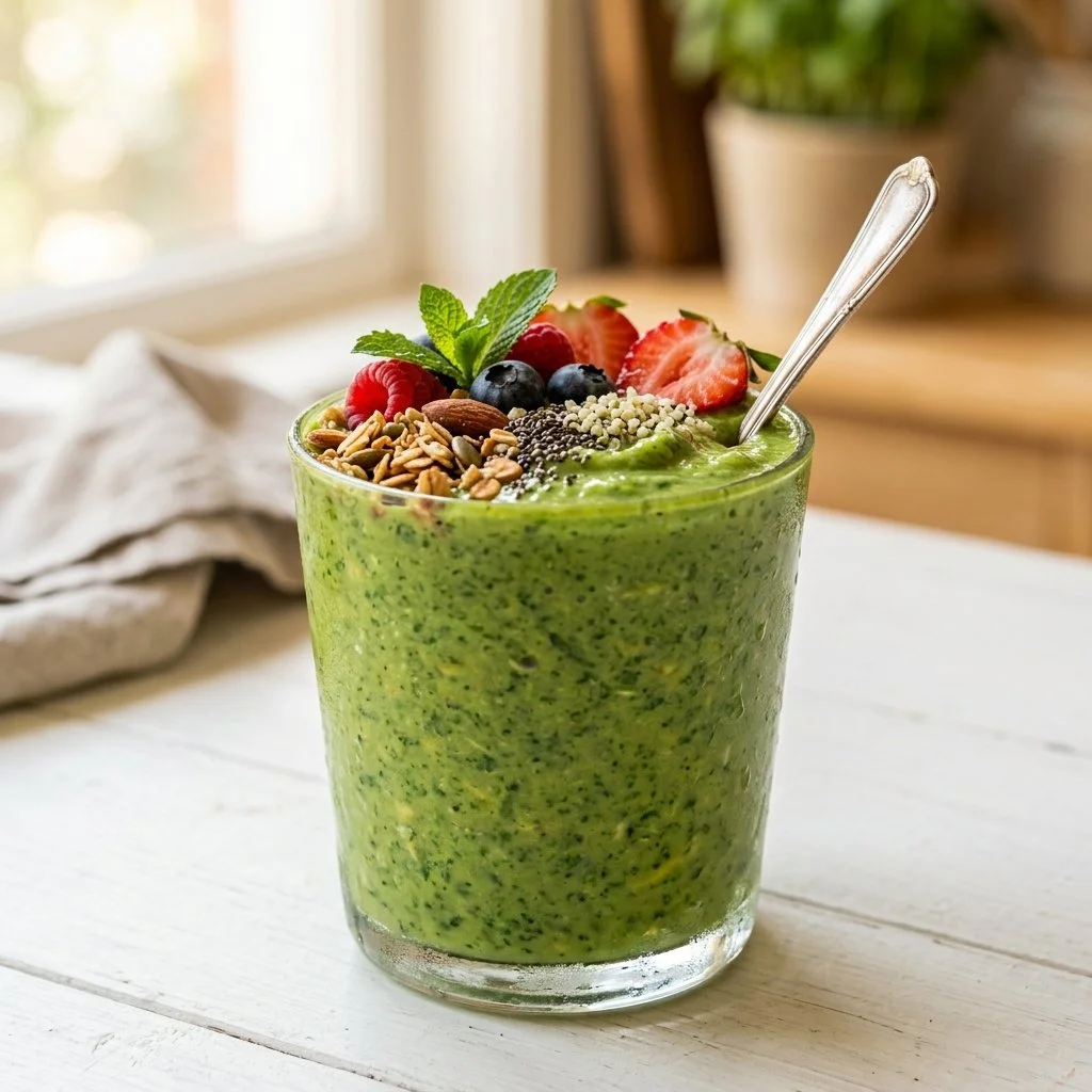 Healthy green smoothie made with spinach, banana, and apple.