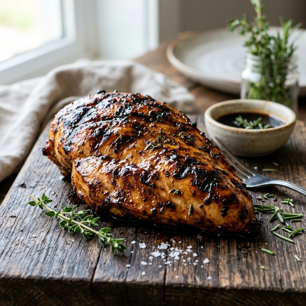 Grilled balsamic chicken served with fresh herbs and vegetables