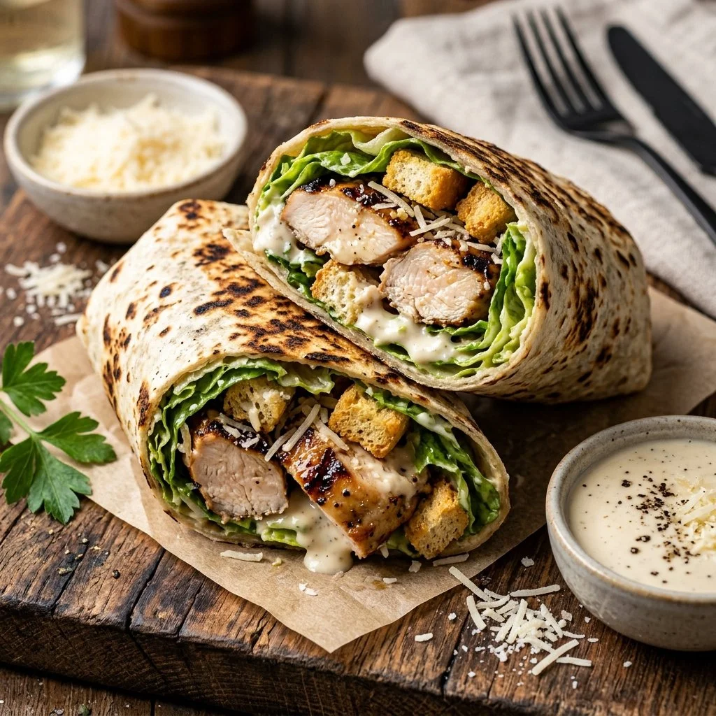 Grilled chicken Caesar wrap with lettuce, parmesan cheese, and dressing