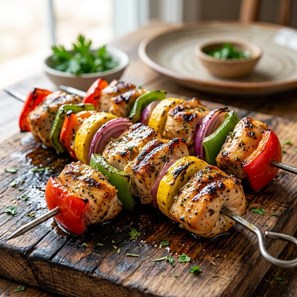 Juicy grilled chicken kabobs served with colorful vegetables on skewers
