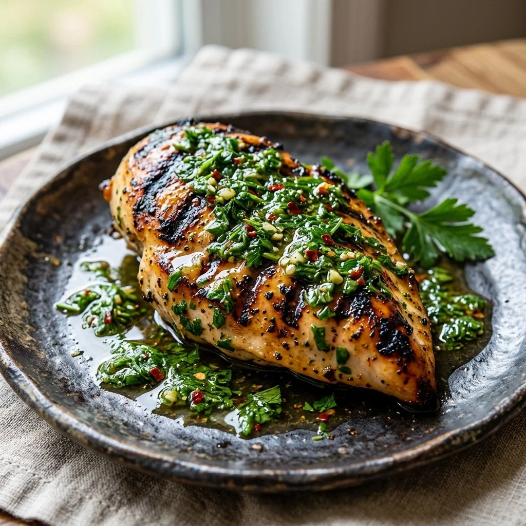 Grilled Chimichurri Chicken with vibrant green sauce on a plate