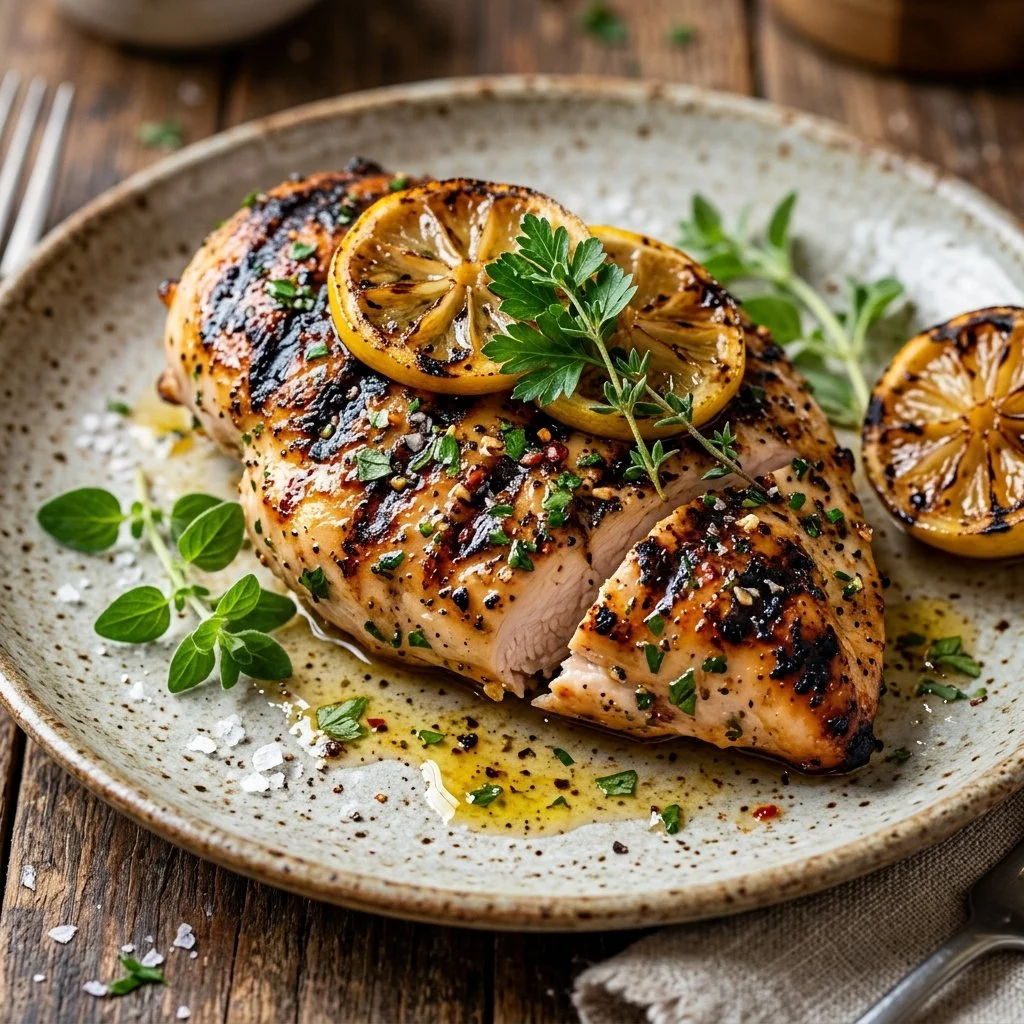 Juicy grilled lemon chicken garnished with fresh herbs and lemon slices.