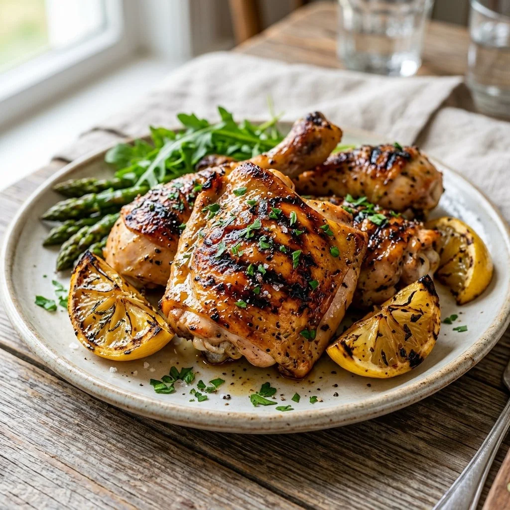 Grilled lemon chicken served with fresh herbs and lemon wedges.