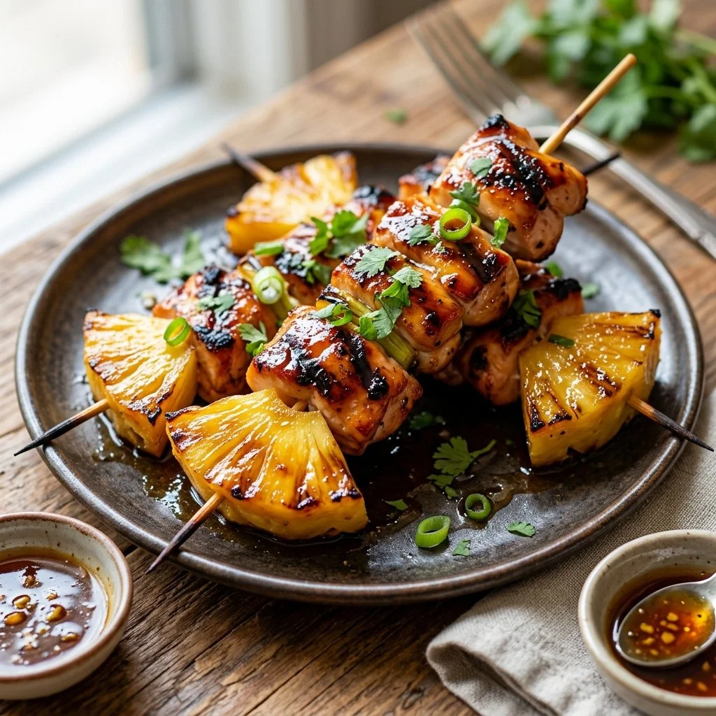 Grilled pineapple chicken dish with vibrant colors and presentation.