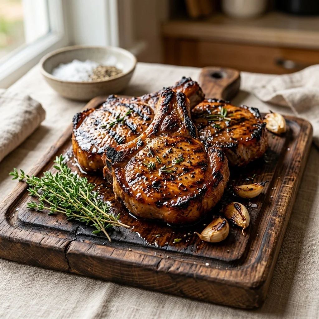 Grilled pork chops garnished with herbs on a rustic wooden table
