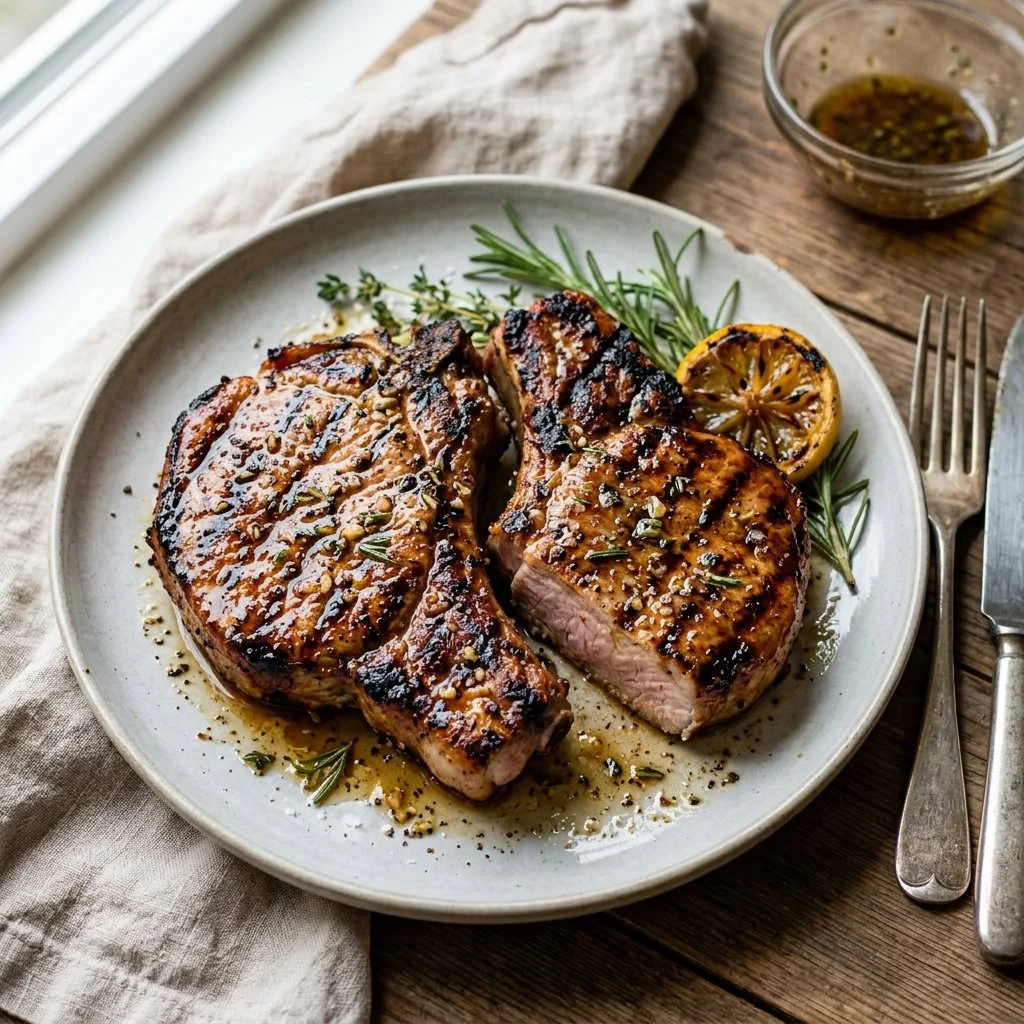 Delicious grilled pork chops on a barbecue grill with herbs and spices.