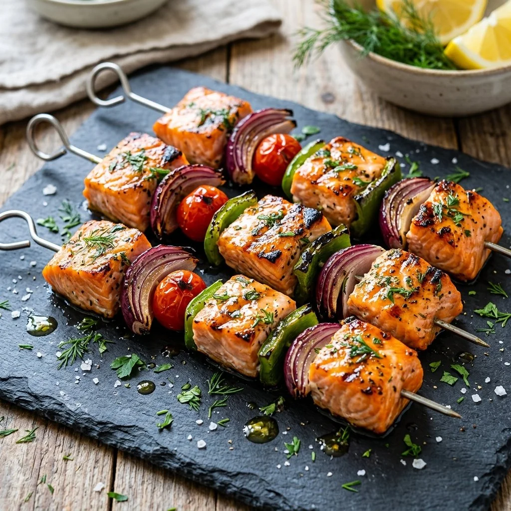 Grilled salmon skewers served on a wooden plate with vegetables